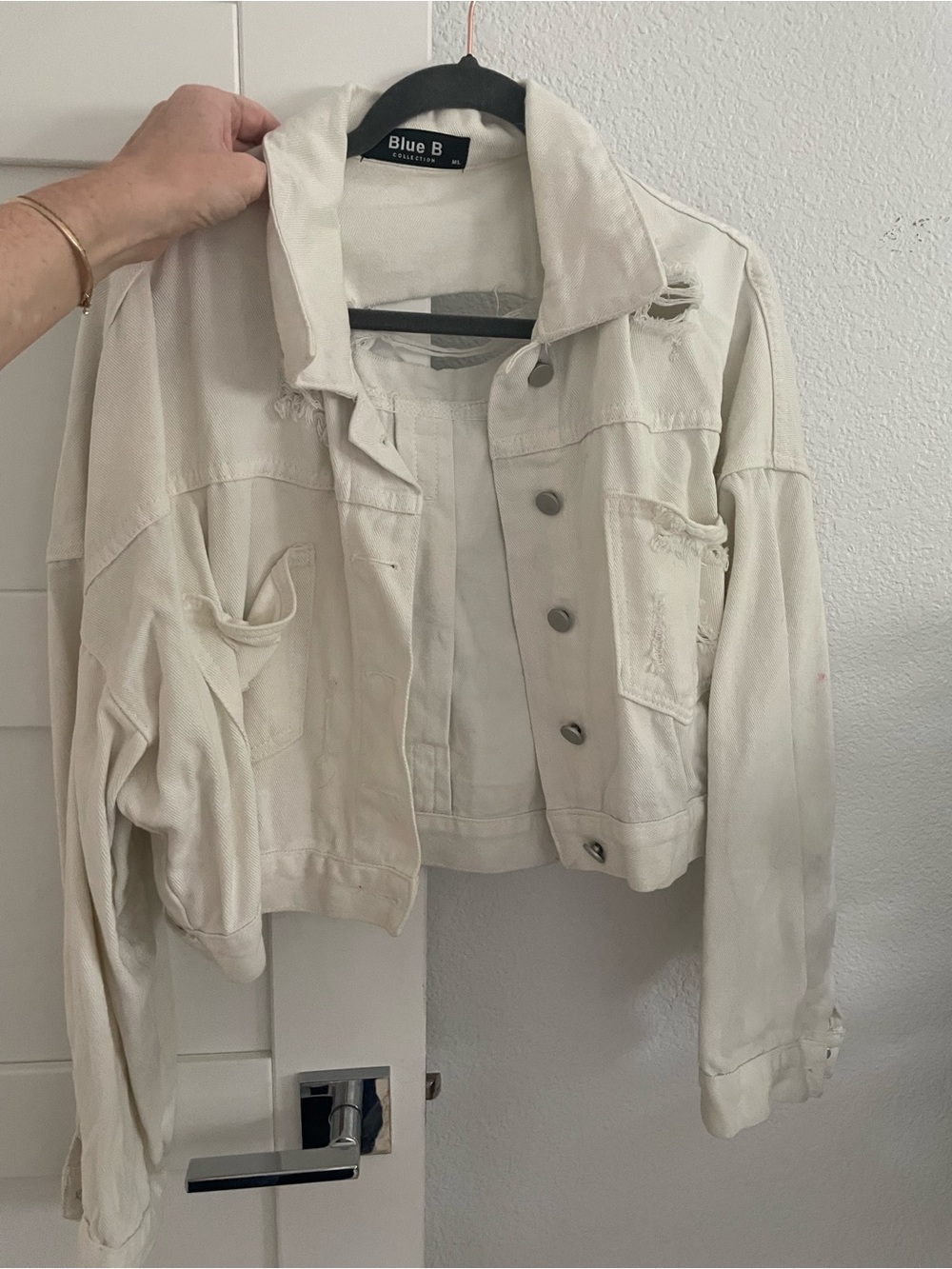 Blue B Cropped Distressed Cream Jean Jacket with rhinestone fringe back M/L